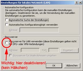 Internetoptionen-Dialog Proxyserver